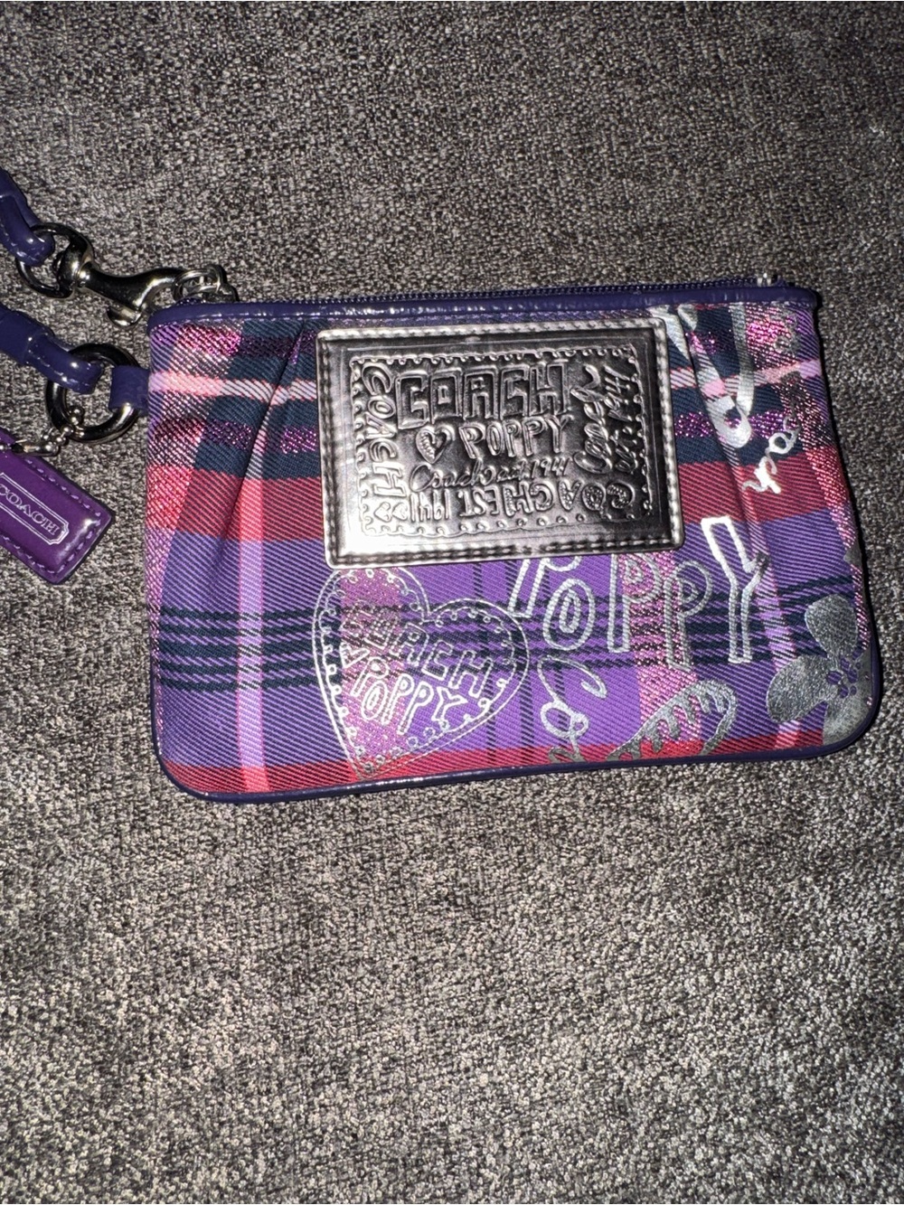 Coach Purple Plaid Wristlet with Silver Logo Plate - Picture 2 of 4